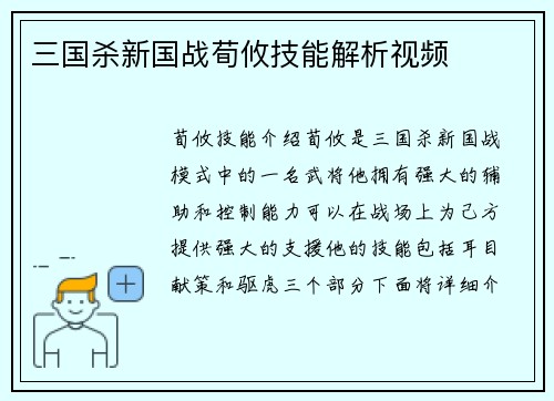 三国杀新国战荀攸技能解析视频